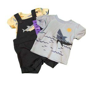 Pekkle Baby Toddler 3-Piece Outfit Set | Shark Print Overall Bodysuit & T-Shirt